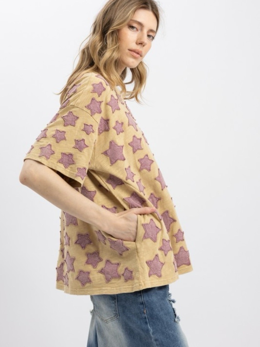 Taupe Star Patchwork Top OVERSIZED with Pockets Bluevelvet - Picture 3 of 3